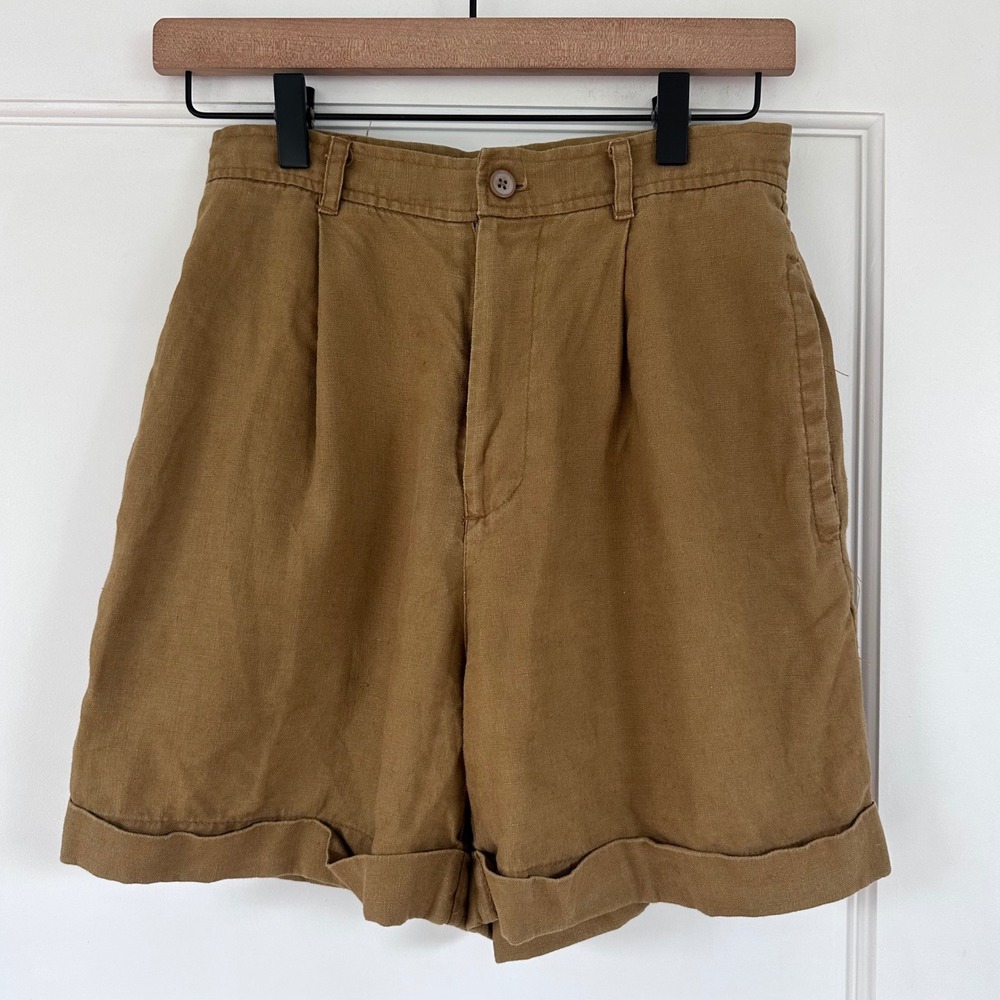 Vintage 90s Gap Womens 100% Linen‎ Pleated High Rise Shorts Brown Cuffed Size 4